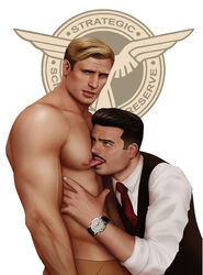  2boys actor avengers bare_chest captain_america captain_america:_the_first_avenger captain_america_(series) celebrity chris_evans dominic_cooper drawnpr0n gay howard_stark human human_only in_character licking_nipples light-skinned_male light_skin male male_only marvel marvel_cinematic_universe moustache muscular muscular_male s.h.i.e.l.d. steve_rogers superhero topless topless_male white_background yaoi 