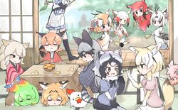  6+girls :3 ;o =_= animal_ears arabian_oryx_(kemono_friends) bird black_eyes black_socks blonde_hair brown_eyes camouflage_trim caracal_(kemono_friends) cellval chicken closed_eyes colored_skin commentary common_raccoon_(kemono_friends) day drawing_on_another&#039;s_face fangs fennec_(kemono_friends) food fox_ears fruit gazelle_ears green_hair green_skin grey_hair hagoita hair_ornament hanetsuki head_wings highres japanese_clothes japanese_crested_ibis_(kemono_friends) kemono_friends kimono kneehighs kotatsu long_hair mandarin_orange mirai_(kemono_friends) multicolored_hair multiple_girls new_year one_eye_closed paddle paintbrush raccoon_ears raccoon_tail red_hair scarlet_ibis_(kemono_friends) serval_(kemono_friends) short_hair shouji silver_fox_(kemono_friends) sliding_doors socks table tail tatsuno_newo thomson&#039;s_gazelle_(kemono_friends) under_kotatsu under_the_table v-shaped_eyebrows white_hair white_rhinoceros_(kemono_friends) wings yellow_eyes 