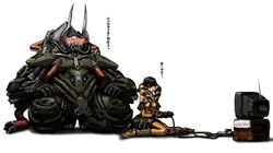  1boy ai_rin big_bull black_hair cyborg elbow_gloves eyepatch female horns max_anarchy thigh_boots translation_request tv twintails video_game 