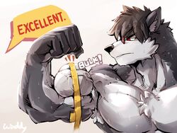  2018 4:3 5_fingers absurd_res anthro biceps big_muscles bodily_fluids canid canine chest_tuft digital_media_(artwork) english_text eyewear fingers flexing fur glasses grey_body grey_fur hi_res male mammal measuring measuring_muscle muscular muscular_anthro muscular_male pecs solo sweat tape_measure text tuft vein veiny_muscles waddledox 