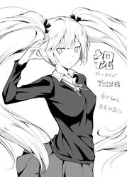  commentary d-frag! female greyscale long_hair long_sleeves monochrome mushi024 sakai_tama school_uniform skirt solo translation_request twintails very_long_hair 