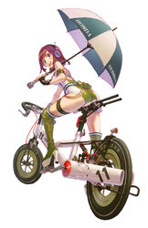  achako_(badendo) ass bicycle blue_eyes boots brand_name_imitation brown_hair commentary_request female fingerless_gloves gloves goodyear headphones highres honda lipstick looking_at_viewer looking_back makeup open_mouth photoshop_(medium) platform_footwear platform_heels race_queen short_hair simple_background smile solo thigh_boots thigh_strap thighhighs umbrella white_background 