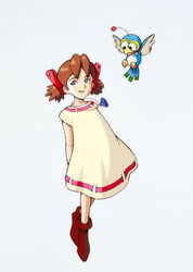  arms_behind_back bird bird_(wonder_project) blue_eyes brown_footwear brown_hair dress female full_body jewelry josette necklace official_art open_mouth ribbon-trimmed_dress short_twintails simple_background sleeveless twintails white_background wonder_project_j2 yamashita_akihiko 