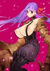  armor bare_shoulders bloomers breasts choker fate/extra_ccc fate_(series) female large_breasts long_hair nipples open_mouth pantyhose passion_lip pink_background pink_eyes purple_hair ribbon 