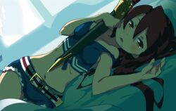  bed_sheet belt between_breasts breasts crop_top cutoffs dark denim denim_shorts drooling dutch_angle female highres himukai_yuuji long_hair lying midriff navel official_art photoshop_(medium) raquna_sheldon red_hair ribs saliva scan sekaiju_no_meikyuu shin_sekaiju_no_meikyuu short_shorts shorts strap_slip sword tank_top weapon yellow_eyes 