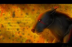  ambiguous_gender ascar_angainor black_bars canid canine canis fire fur letterbox mammal restricted_palette side_view solo text warm_colors wolf 