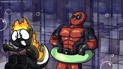  16:9 abs anthro belt black_body black_fur black_nose black_tail blue_eyes bubble clothed clothing deadpool duo fire flaming_hair floaties fully_clothed fur holding_object holding_pencil holding_writing_utensil human in_swim_ring inflatable inner_tube male mammal marvel mephitid multicolored_body multicolored_fur muscular muscular_male object_on_lap pencil_(object) pokehidden pool_toy pseudo_hair sitting skunk swim_ring tail teeth toony two_tone_body two_tone_fur two_tone_tail white_body white_fur white_tail widescreen writing_utensil 