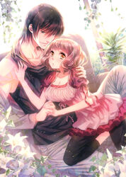  1boy andou_sana black_hair black_shirt breasts brown_eyes brown_hair commentary_request couple dress female flower hand_on_shoulder highres holding_hands indoors interlocked_fingers leaf lily_(flower) looking_at_viewer medium_breasts nekokaburi_ouji-sama_no_dekiai official_art orange_eyes pink_dress plant saejima_mitsuki sakamoto_akira shirt short_hair sitting smile straight 