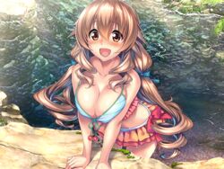  amakano arm_support bikini bikini_skirt breasts brown_eyes brown_hair cleavage female game_cg hoshikawa_koharu large_breasts long_hair official_art open_mouth outdoors piromizu solo striped_bikini striped_clothes swimsuit twintails water wet 