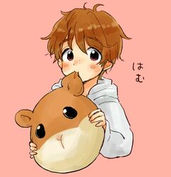  1boy biting brown_eyes brown_hair commentary_request freckles hood hoodie ji_guang-hong male_focus oimo_mushi stuffed_animal stuffed_hamster stuffed_toy yuri!!!_on_ice 