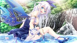  :d amayui_castle_meister armlet blue_eyes blue_footwear blue_ribbon blue_wings breasts day dia_(amayui_castle_meister) female floating_hair gloves hair_between_eyes hair_ribbon headband highres large_breasts lens_flare long_hair looking_at_viewer open_mouth outdoors ribbon sideboob sitting smile solo very_long_hair water white_gloves white_hair wings yano_mitsuki_(nanairo) 