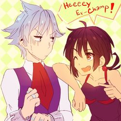  1boy argyle_background arm_on_another&#039;s_shoulder brown_eyes brown_hair commentary english_text female grey_eyes grey_hair image_sample jewelry kash-phia lowres oerba_yun_fang one_eye_closed open_mouth pointing pokemon pokemon_oras ring steven_stone sweatdrop tumblr_sample zinnia_(pokemon) 