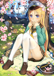  aircraft airplane animal_bag animal_print bad_id bad_pixiv_id bird bird_print black_skirt blonde_hair blue_eyes blush box breasts brown_footwear cardigan cat_bag cat_print dappled_sunlight eating eyebrows female flower food food_on_face full_body grass hat highres holding holding_food lake long_hair long_sleeves looking_at_viewer lu&quot; medium_breasts on_ground open_cardigan open_clothes outdoors panties pantyshot peaked_cap pink_flower plaid pleated_skirt rock saratoga_(warship_girls_r) school_uniform serafuku shoes sitting skirt solo sparkle squirrel sunlight swan thighhighs tree under_tree underwear warship_girls_r water white_panties white_thighhighs 