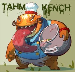  anthro catfish chef clothed clothing demon fish food hat headgear headwear joebluefox league_of_legends male marine necktie open_mouth riot_games sharp_teeth solo tahm_kench_(lol) teeth tencent tentacle tongue tongue_out 