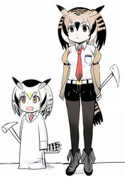  2girls :d belt bird_tail black_footwear black_hair black_pantyhose black_shorts blonde_hair boots breast_pocket breasts brown_eyes brown_hair chinese_commentary collared_shirt commentary_request cosplay eurasian_eagle_owl_(kemono_friends) full_body grey_hair hair_between_eyes head_wings height_difference kemono_friends lab_coat makise_kurisu makise_kurisu_(cosplay) medium_breasts multicolored_hair multiple_girls name_connection necktie nichijou northern_white-faced_owl_(kemono_friends) open_mouth oversized_clothes pantyhose parted_lips pocket professor_shinonome professor_shinonome_(cosplay) red_necktie shirt shorts simple_background smile standing steins;gate tail trait_connection white_background white_hair white_shirt wing_collar wings y.ssanoha 