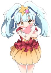  blue_hair blunt_bangs blush commentary_request daidaiiro female gloves hair_ornament hair_ribbon heart heart_out_of_chest highres hoshikawa_lily hugging_object light_blue_hair red_eyes ribbon skirt solo star_(symbol) star_hair_ornament twintails zombie_land_saga 