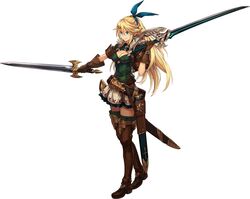  bank_of_innovation belt blonde_hair blue_eyes breasts cleavage cryptract dual_wielding female gloves holding holding_sword holding_weapon long_hair medium_breasts official_art sasha_(cryptract) sheath simple_background skirt smile solo sword weapon white_background 