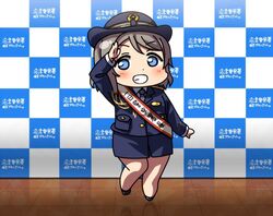  black_footwear blue_eyes blue_jacket blue_necktie blue_skirt blush checkered_wall chibi commentary_request female female_service_cap grey_hair grin hat jacket long_sleeves looking_at_viewer love_live! love_live!_sunshine!! necktie pencil_skirt police police_hat police_uniform policewoman reflective_floor saitou_shuka salute sash short_hair skirt smile sofmap_background solo standing step_and_repeat tile_floor tiles uniform usamaru67pi voice_actor_connection watanabe_you 