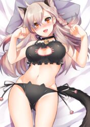  animal_ears bad_id bad_pixiv_id bell black_bra black_panties bra braid breasts cat_cutout cat_ear_panties cat_ears cat_lingerie cat_tail choker cleavage cleavage_cutout clothing_cutout commentary_request fate/grand_order fate_(series) female frilled_bra frills grey_hair hair_over_one_eye highres jingle_bell large_breasts long_hair looking_at_viewer lying meme_attire navel neck_bell oerba_yun_fang olga_marie_animusphere on_back open_mouth panties sentaku_nori side-tie_panties smile solo stomach tail underwear underwear_only yellow_eyes 