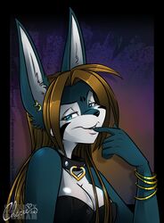  2016 anthro anubian_jackal biped blue_body blue_eyes blue_fur breasts brown_hair canid canine canis cherushi cherushi_(character) cleavage clothed clothing collar ear_piercing felid feline female fur hair half-closed_eyes hi_res hybrid jackal lagomorph leporid mammal narrowed_eyes piercing rabbit serval sitting solo 