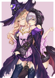  2girls absurdres black_legwear blonde_hair blue_eyes blush brown_eyes cape commentary_request dorothy_(shingeki_no_bahamut) groping hair_over_one_eye hand_up hat highres jewelry kasoke_no_tsubasa licking multiple_girls necklace purple_background shadowverse shingeki_no_bahamut standing thighhighs white_hair wide_sleeves witch witch_hat wizardess_of_oz yuri 