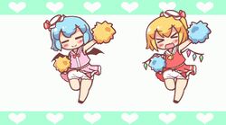  &gt;_&lt; 2girls :3 :d =_= alternate_costume animated animated arm_up bat_wings blonde_hair bloomers blue_hair blush bow bow_panties bowtie cheering cheerleader chibi closed_eyes flandre_scarlet green_background hat heart leg_up maitora mob_cap multiple_girls oerba_yun_fang open_mouth panties pom_pom_(cheerleading) red_bow red_bowtie red_eyes remilia_scarlet short_hair side_ponytail simple_background sleeveless smile touhou underwear v-shaped_eyebrows white_background wings xd 