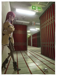  achako_(badendo) against_wall arrow_(symbol) belt boots brown_hair commentary_request crossed_arms dress_shirt emergency_exit envelope exit_sign female fluorescent_lamp hallway highres indoors jacket long_hair makise_kurisu manila_envelope metal_upa necktie pantyhose photoshop_(medium) purple_eyes shirt short_shorts shorts sign solo steins;gate tile_floor tiles upa_(steins;gate) 