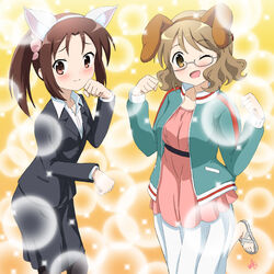  2girls 3: ;d animal_ears blush brown_eyes brown_hair commentary_request fake_animal_ears formal glasses hairband highres jacket karasuma_sakura kin-iro_mosaic kuzehashi_akari multiple_girls one_eye_closed open_clothes open_jacket open_mouth sandals semi-rimless_eyewear short_hair side_ponytail skirt skirt_suit smile suit track_jacket under-rim_eyewear vzmk2 