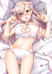  animal_ears bad_id bad_pixiv_id bell bra braid breasts cat_cutout cat_ear_panties cat_ears cat_lingerie cat_tail choker cleavage cleavage_cutout clothing_cutout commentary_request fate/grand_order fate_(series) female frilled_bra frills grey_hair hair_over_one_eye highres jingle_bell large_breasts long_hair looking_at_viewer lying meme_attire navel neck_bell olga_marie_animusphere on_back open_mouth panties sentaku_nori side-tie_panties solo tail underwear underwear_only white_bra white_panties yellow_eyes 