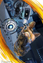  aperture_laboratories aperture_science_handheld_portal_device artist_name breasts brown_hair chell cleavage commentary dated english_commentary female from_below glados large_breasts looking_at_viewer pants personality_core photoshop_(medium) ponytail portal_(series) portal_1 portal_2 robot shirt upside-down wheatley zzyzzyy 