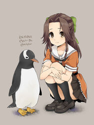  animal bird black_neckerchief black_skirt bow brown_eyes brown_footwear brown_hair collarbone commentary_request convenient_leg female frilled_shirt frills full_body gentoo_penguin green_bow grey_background hairbow half_updo hugging_own_legs jintsuu_(kancolle) kantai_collection knees_up legs_together loafers long_hair looking_at_viewer miniskirt neckerchief orange_shirt penguin pleated_skirt plum_(arch) pun school_uniform serafuku shirt shoes sidelocks simple_background skirt solo squatting tareme translated twitter_username 