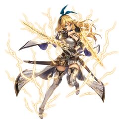  bank_of_innovation black_gloves blonde_hair blue_eyes boots breasts cape cleavage cryptract dual_wielding electricity female full_body gloves holding holding_sword holding_weapon lightning long_hair medium_breasts official_art sasha_(cryptract) sheath simple_background skirt sleeves_past_wrists solo sword thigh_boots thighhighs weapon white_background 