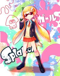  blazer commentary_request copyright_name female gun hair_ornament hairclip inkling inkling_girl inkling_player_character jacket loafers mizoreame necktie orange_hair paint_splatter red_eyes school_uniform shoes skirt smile socks splatoon_(series) splatoon_1 tentacle tentacle_hair weapon 