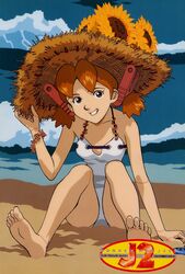  barefoot beach blue_eyes bracelet brown_hair day feet female flower grin halterneck hat hat_flower highres jewelry josette logo looking_at_viewer ocean official_art one-piece_swimsuit outdoors short_hair sitting smile soles solo straw_hat sun_hat sunflower swimsuit toes twintails white_one-piece_swimsuit wonder_project_j2 yamashita_akihiko 