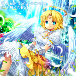  .hack// 2013 angel angel_wings bad_id bad_pixiv_id blonde_hair blue_eyes capura_lin choker circlet dress female guilty_dragon halo photoshop_(medium) puffy_sleeves short_hair solo terajima_ryoko white_dress wings 