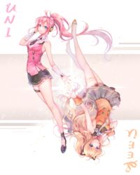  2girls bad_id bad_pixiv_id black_skirt blonde_hair blue_eyes bow brown_bow brown_ribbon character_name disc headset long_hair looking_at_viewer microphone multiple_girls ozzingo pink_hair ponytail ribbon rotational_symmetry seeu skirt smile star_(symbol) thighhighs uni_(vocaloid) upside-down vocaloid white_legwear wrist_cuffs 