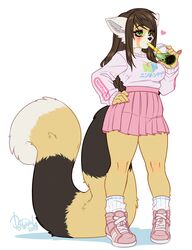  ailurid beverage bottomwear breasts brown_hair bubble_tea clothing female footwear green_eyes hair heart_symbol legwear mammal nintendo pastel_theme pinup pollo-chan pose product_placement red_panda shoes skirt socks solo standing sweater tea topwear 