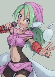  dark_skin female female gazacy_(dai) green_hair head_fins juri_(yuu_yuu_hakusho) microphone monster_girl navel open_mouth solo tail v yuu_yuu_hakusho 