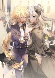  2girls alternate_costume bad_id bad_pixiv_id black_bow black_gloves blonde_hair bow braid closed_eyes commentary dancing dress fate/grand_order fate_(series) formal gilles_de_rais_(caster)_(fate) gloves hair_ornament hairbow highres holding_hands jeanne_d&#039;arc_(fate) jeanne_d&#039;arc_(ruler)_(fate) long_braid long_hair marie_antoinette_(fate) marie_antoinette_(formal_dress)_(fate) multiple_girls necktie no-kan official_alternate_costume photoshop_(medium) reverse_trap single_braid smile sparkle strapless strapless_dress suit sweat symbol-only_commentary very_long_hair white_gloves white_hair wolfgang_amadeus_mozart_(fate) 