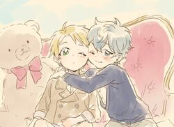  2boys aged_down blonde_hair blue_eyes bow bowtie buttons closed_mouth commentary_request couch ensemble_stars! glasses green_eyes grey_hair hug jacket jolaeng-i korean_commentary lapels lolicon looking_at_viewer male_focus multiple_boys notched_lapels one_eye_closed red_bow red_bowtie sena_izumi_(ensemble_stars!) short_bangs short_hair stuffed_animal stuffed_toy sweater teddy_bear yuuki_makoto_(ensemble_stars!) 