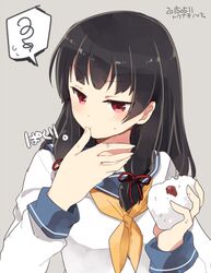  black_hair blush brown_background commentary_request eating female finger_in_own_mouth food hair_ribbon holding isokaze_(kancolle) jitome kantai_collection long_hair nozomu144 onigiri red_eyes ribbon school_uniform serafuku sidelocks simple_background solo tress_ribbon upper_body 