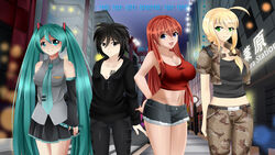  4girls ahoge akihabara aqua_eyes aqua_hair bare_shoulders black_eyes black_hair blonde_hair blue_eyes bustier commentary_request crop_top denim_shorts detached_sleeves eyebrows_visible_through_hair green_eyes hatsune_miku jacket kjersti leather_pants linh long_hair midriff multiple_girls necktie oerba_yun_fang original pendant pleated_skirt red_hair saoirse_(stormwyrm) short_hair sinfultofu skirt stormwyrm tattoo the_incarnation_of_hatsune_miku twintails very_long_hair vocaloid 