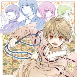  4boys beads bob_cut brown_hair collar_tug commentary_request female gloves haruka_(tactics) hasumi_ryokan ichinomiya_kantarou imperial_japanese_army japanese_clothes kariginu kimono looking_at_viewer lowres minamoto_raikou multiple_boys natsu_mikan_(level9) open_mouth red_eyes sakuramon short_hair smile tactics youko_(tactics) 