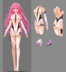  300_heroes android bad_id bad_pixiv_id bare_shoulders breasts center_opening character_profile cleavage closed_mouth collarbone commentary_request female grey_background hair_ornament hairclip highres isha_(300_heroes) long_hair medium_breasts multiple_views navel necktie photoshop_(medium) pink_hair red_eyes single_thighhigh smile tattoo thigh_strap thighhighs zhuore_zhi_hen 