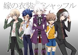  5boys alois_trancy alois_trancy_(cosplay) black_legwear commentary_request cosplay costume_switch danganronpa:_trigger_happy_havoc danganronpa_(series) danganronpa_2:_goodbye_despair hood hoodie inazuma_eleven_(series) inazuma_eleven_go komaeda_nagito komaeda_nagito_(cosplay) kuroshitsuji male_focus multiple_boys naegi_makoto nagisa_kaworu neon_genesis_evangelion open_mouth raimon raimon_soccer_uniform short_hair simple_background smile soccer_uniform sportswear standing thighhighs tsurugi_kyousuke usagigenki 