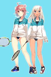  2girls :d ahoge aqua_background badminton_racket bare_legs blonde_hair blue_eyes blush commentary_request downscaled flower hair_flower hair_ornament highres i-58_(kancolle) jacket kantai_collection long_hair looking_at_viewer md5_mismatch multiple_girls open_mouth pink_eyes pink_hair racket resized resolution_mismatch ro-500_(kancolle) sahuyaiya school_swimsuit shoes short_hair simple_background smile sneakers source_larger swimsuit swimsuit_under_clothes tan tanlines track_jacket 