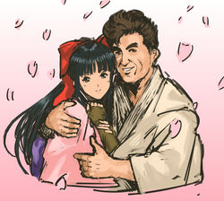  1boy age_difference black_hair bow brown_eyes brown_hair commentary_request couple dougi female fingerless_gloves game_console gloves hairbow highres hug japanese_clothes kimono long_hair nameo_(judgemasterkou) petals ponytail red_bow sakura_taisen sega sega_saturn segata_sanshirou shinguuji_sakura smile straight thick_eyebrows 