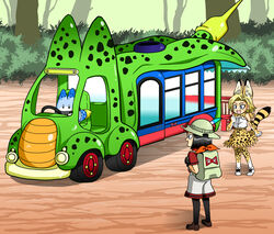  1boy android_17 android_18 animal_ears backpack bag bandana black_hair blonde_hair blue_eyes brother_and_sister cell_(dragon_ball) cell_junior commentary_request cosplay dragon_ball dragon_ball_z earrings female hat highres holding_strap japari_bus jewelry kaban_(kemono_friends) kaban_(kemono_friends)_(cosplay) kemono_friends lucky_beast_(kemono_friends) orange_bandana outdoors pantyhose photoshop_(medium) red_ribbon_army serval_(kemono_friends) serval_(kemono_friends)_(cosplay) serval_print shinomiya_akino siblings smile tail thighhighs toriyama_akira_(style) 