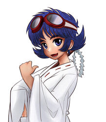  drawfag female flipped_hair goggles goggles_on_head gohei highres japanese_clothes miko open_mouth purple_eyes purple_hair sengoku_ace sengoku_blade short_hair smile solo togashi_koyori white_background 