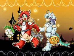  2girls ahoge animal_ears animal_hands aqua_eyes bat_(animal) belt blue_eyes blush boots braid claws collar commentary_request costume dog_ears earrings fangs forked_tongue fur_boots gloves halloween halloween_costume holding_hands hong_meiling izayoi_sakuya jack-o&#039;-lantern jewelry long_hair multiple_girls no_headwear open_mouth paw_gloves paw_shoes pointy_ears pumpkin radish red_hair shoes short_hair smile snake star_(symbol) tongue torazima touhou twin_braids unconventional_jack-o&#039;-lantern 